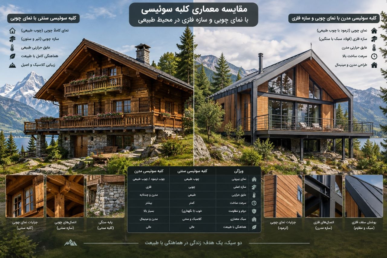 کلبه سوئیسی چوبی بهتر است یا فلزی؟ مقایسه سازه، دوام و هزینه نگهداری